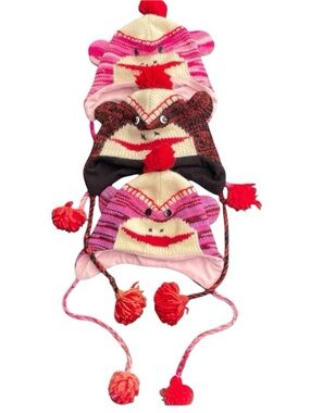 Family of 3 Wool Monkey Earflap Pom Pom Beenie Toque Hats (made in Nepal)